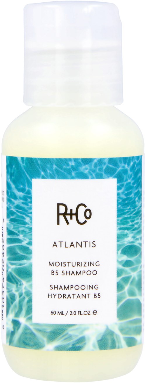 Kleine weiße Flasche mit Wasser-Design und Text R+Co Atlantis Moisturizing B5 Shampoo.