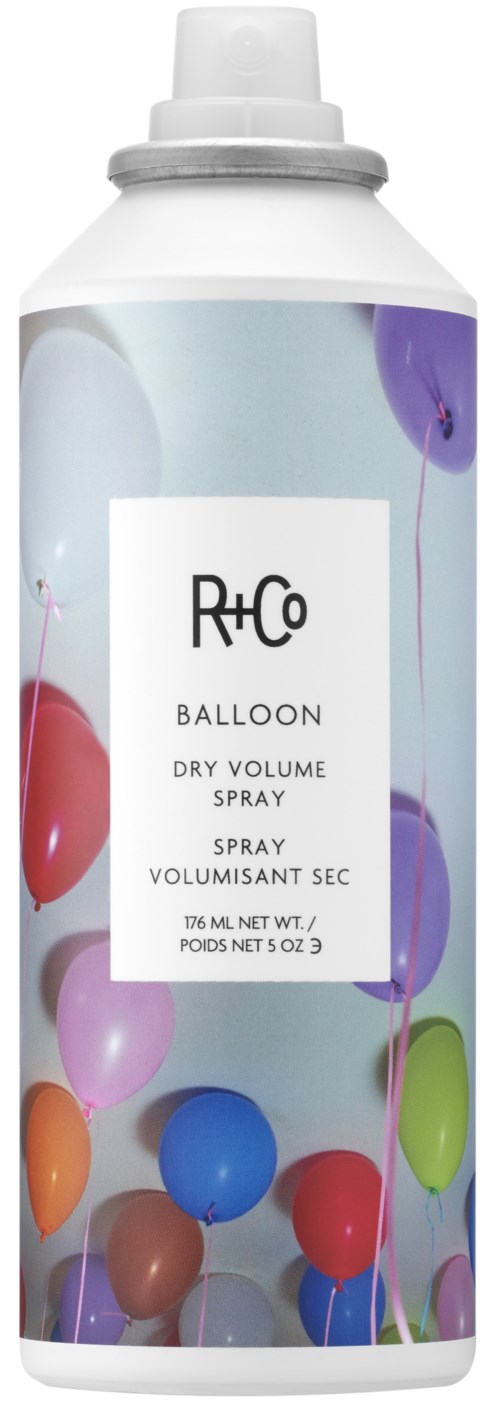 En boks R+Co Balloon tør volumspray med fargerike ballonger på etiketten.