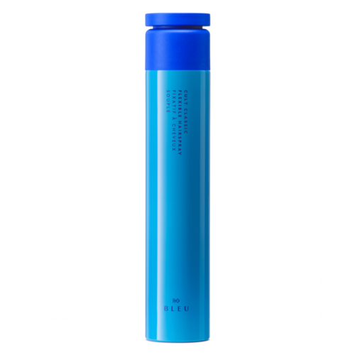 Eine lange blaue zylindrische Flasche mit passendem Deckel, mit vertikalem Text und schlichtem Design.