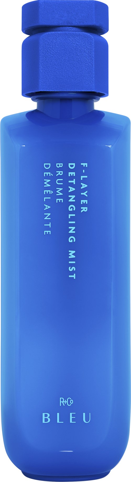 Eine blaue Sprühflasche mit der Aufschrift 'Flafer Decreasing Mist Démaquillante' von Rê Bleu, für Hautpflege.