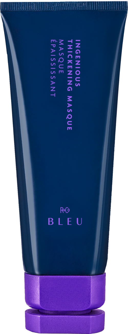 Blaues Tube mit lila Verschluss. Text beschreibt eine verdickende Mascara für Wimpern, namens "ROUGE BLEU".