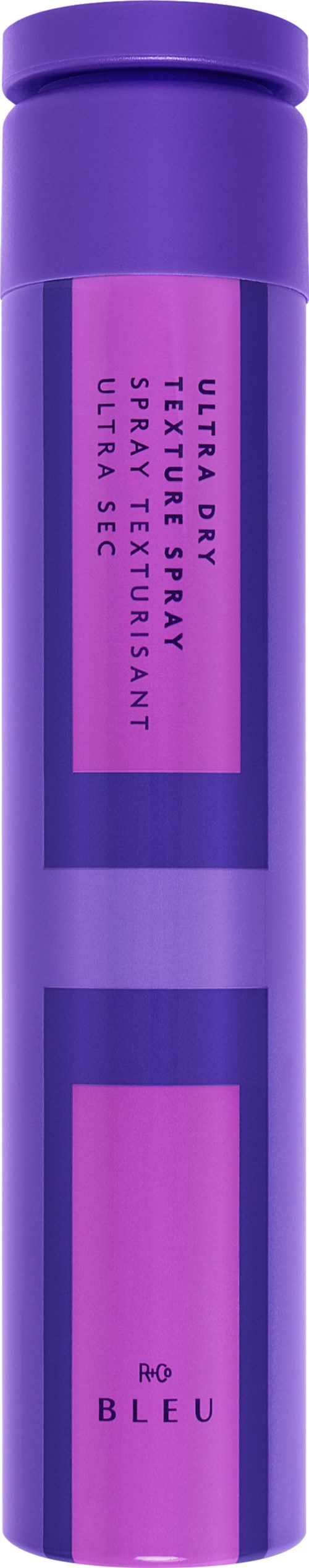 Ein lila und pinkfarbener zylindrischer Behälter mit der Aufschrift 'Ultimate Daily Texturizing Spray, UV & Sulfate Free' und 'Pro Blue'.