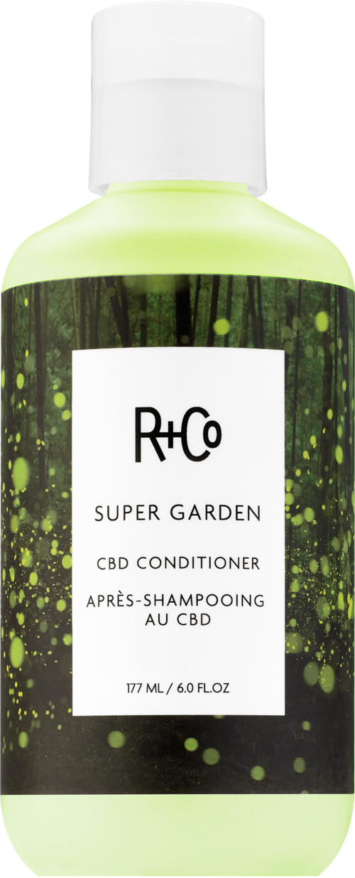 A light green bottle labeled 'R+Co Super Garden CBD Conditioner' with green splashes design, white cap.