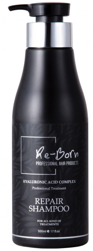 A black and silver bottle of repair shampoo for all hair types, containing hyaluronic acid complex, with a pump top.