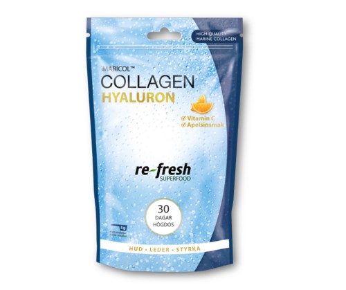 Blue and white packaging for collagen and hyaluronic supplements, mentions Vitamin C and orange flavor, 30 days supply.