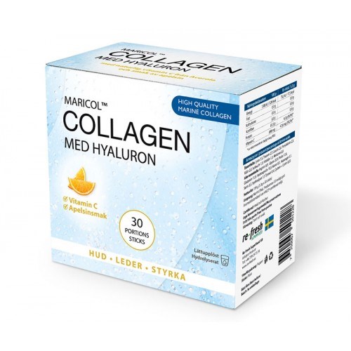En kartong med kollagenar supplement med hyaluronsyra, Vitamin C, apelsinsmak, 30 sticks för hud, hår och styrka.