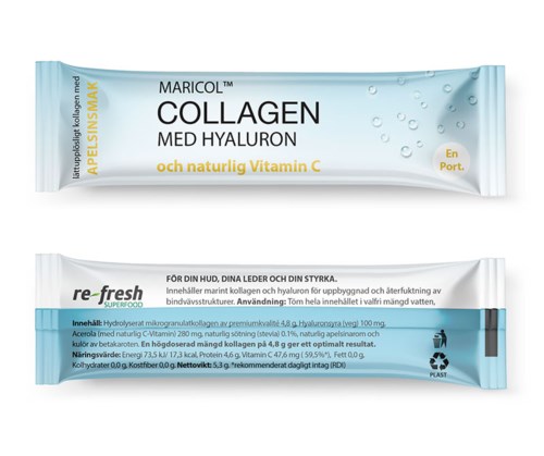 Kollegentillskott med hyaluronsyra och vitamin C i tub, för hudens hälsa, styrka och hydrering.
