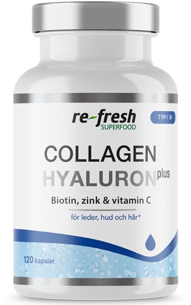 Flaska med kosttillskott med kollagen och hyaluronsyra, biotin, zink och C-vitamin för hud, hår och leder.