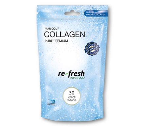 A blue package of collagen supplement, mentions high quality, 30 days supply, and features water and bubbles design.