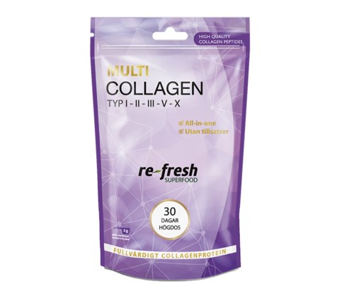 A purple and white resealable bag of collagen supplement with text emphasizing multi-types, high quality, and 30 days supply.