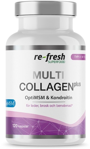 Bottle of collagen supplement with labels indicating it supports joints, skin, and bones, contains MSM and chondroitin, 120 capsules.