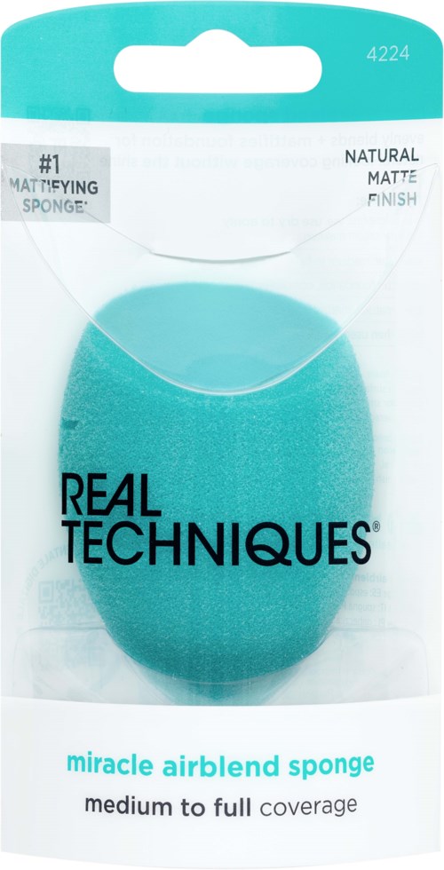Blue, egg-shaped sponge in packaging labeled 'Real Techniques' and 'miracle airblend sponge'. It offers medium to full coverage.