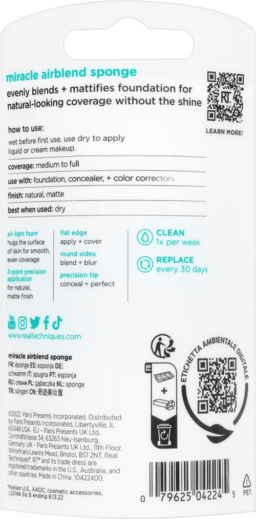 A package for a makeup sponge with instructions, brand info, and QR codes for usage and recycling details.