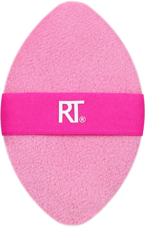 A pink makeup sponge with a pink band that has white letters 'RT' on it.