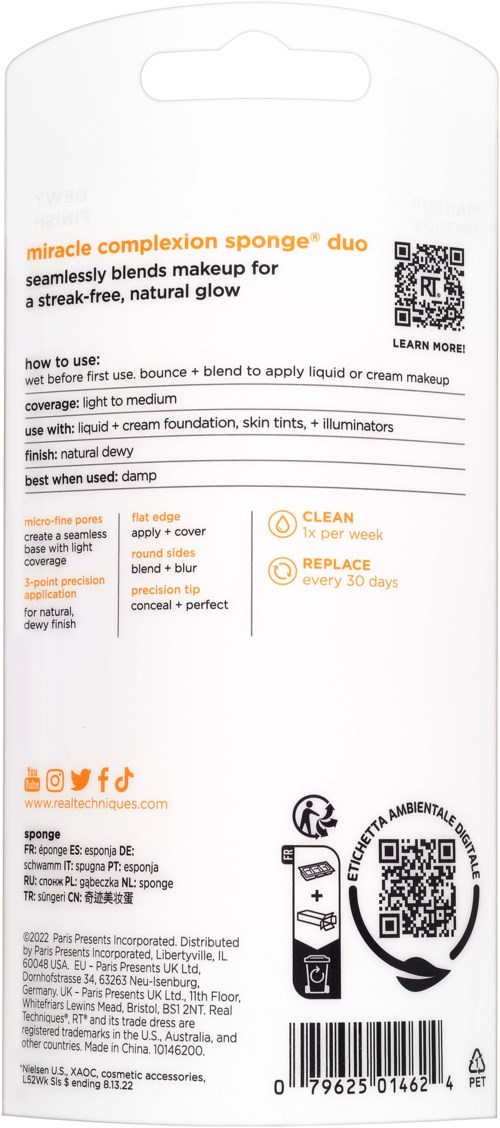 A white package with orange and black text, instructions for applying makeup, and QR codes.