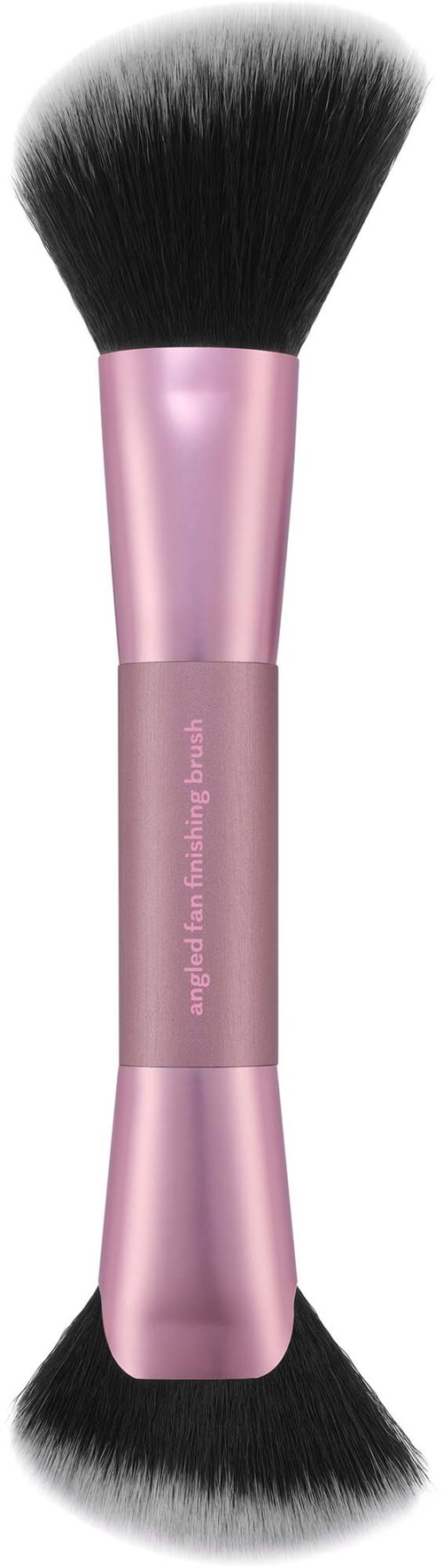 A dual-ended makeup brush with black bristles and a pink handle, used for face blending and applying makeup.
