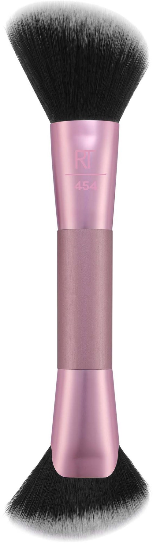Double-ended makeup brush with black bristles and pink metallic handle.