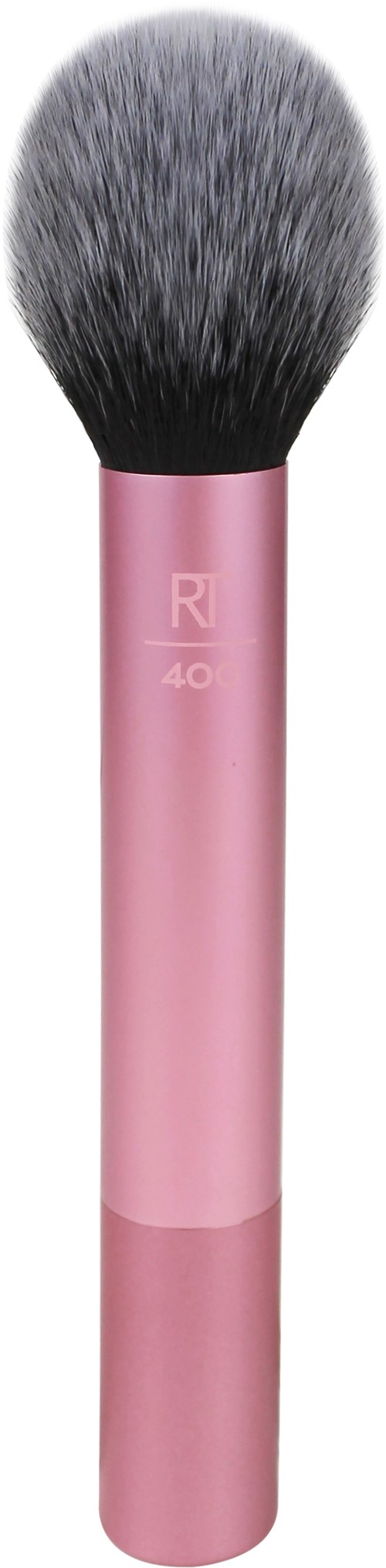 A makeup brush with a pink handle and fluffy black and gray bristles.