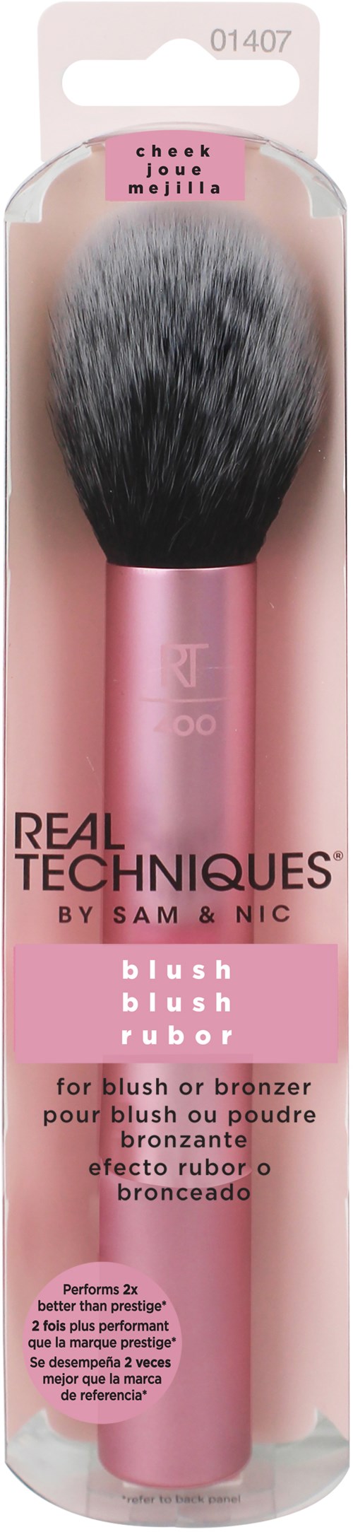 A makeup brush with a pink handle and a fluffy black and white bristle head in packaging.