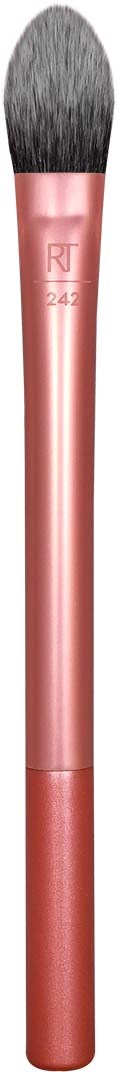 A makeup brush with a pink handle and black, soft bristles.