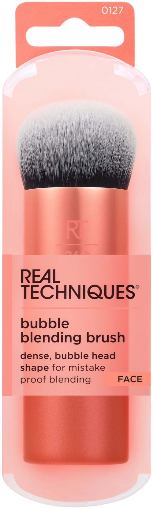 Pink cylindrical package containing a dense, bubble head makeup brush with black and white bristles.