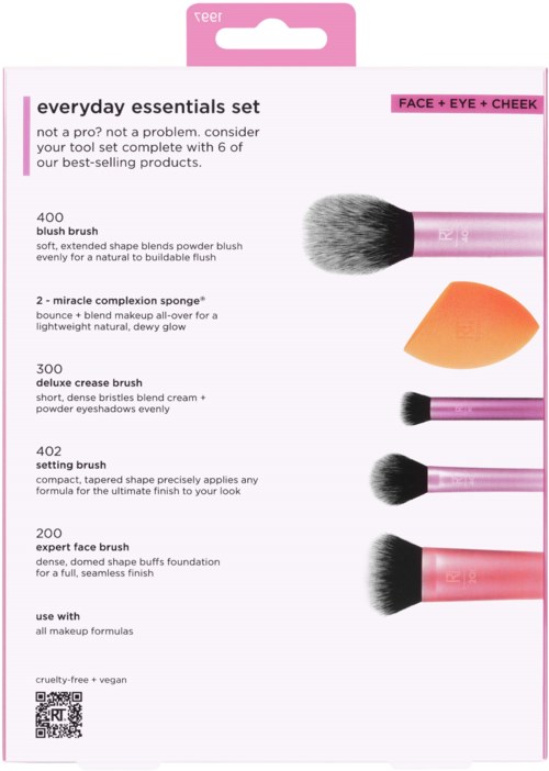 A set of makeup brushes for face, eye, and cheek, includes six items such as blush, sponge, crease brush, setting, and expert face brushes.
