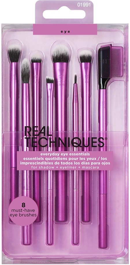Set med 8 rosa makeupborstar för ögon, inklusive olika storlekar för skugga, eyeliner och mascara.