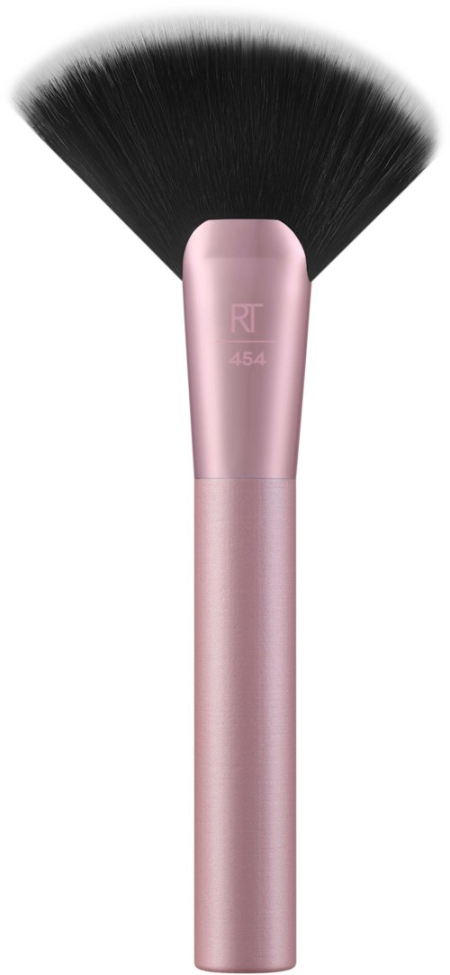 A pink makeup brush with black bristles and a rounded handle.