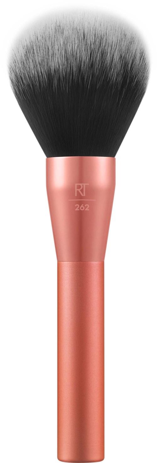 A makeup brush with a pink handle and black tips, labeled 'RI 262'.