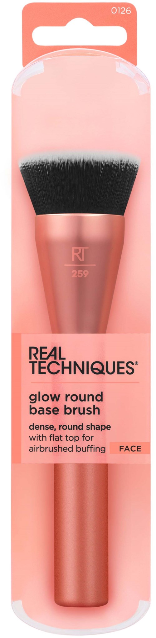 A pink makeup brush with a rounded top and soft bristles, packaged in a clear case. It is a glow round base brush.