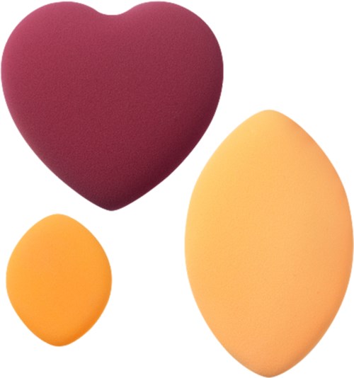 Three eggs in different sizes and colors, with a heart-shaped object in purple. The eggs are yellow and orange.