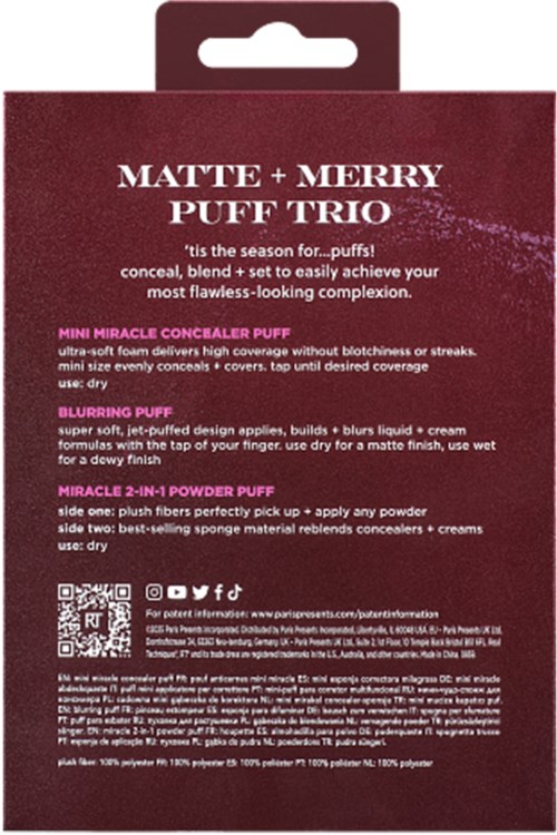 The image shows a maroon box with white text, detailing a matte and merry puff trio makeup product.