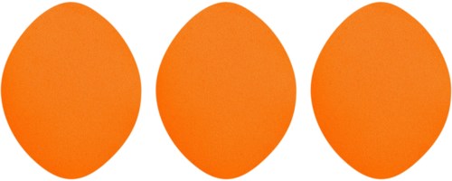 Three orange eggs are arranged in a row on a white surface.