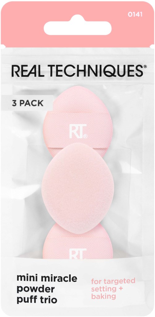 Three pink makeup sponges in clear plastic, labeled "Real Techniques" with product name and uses.