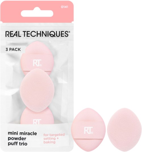 A package contains three pink mini makeup sponges labeled RT, for baking and setting makeup.