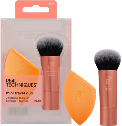 Makeup brushes and sponges in packaging for blending and blurring on the face.