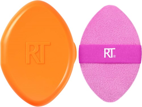 Orange soap with RT logo beside a pink sponge with RT label. Simple cleaning tools. Bright colors.