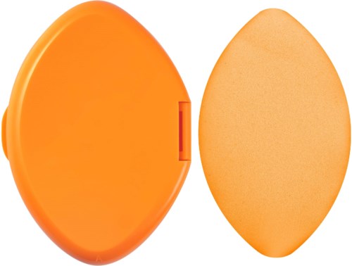 A round orange container with a lid and a separate orange sponge inside.