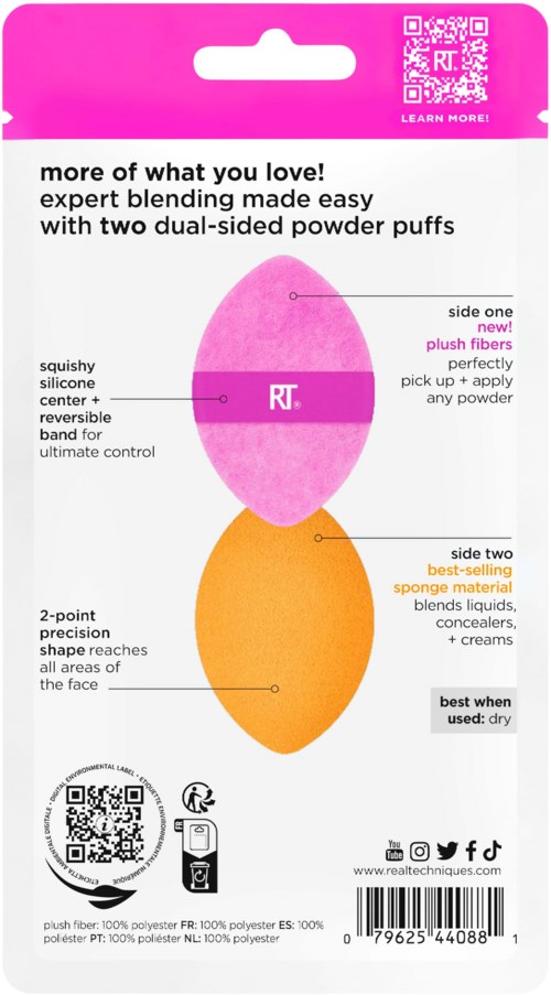 A makeup sponge packaging with pink and orange dual-sided sponges, labeled for blending and precision use.