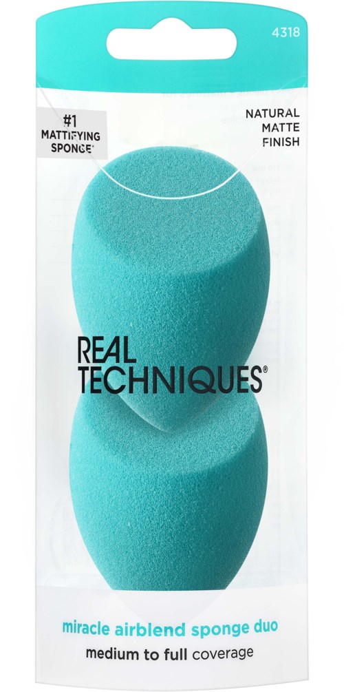 Two blue makeup sponges in packaging labeled 'Miracle Airblends Sponge Duo'; for medium to full coverage makeup.