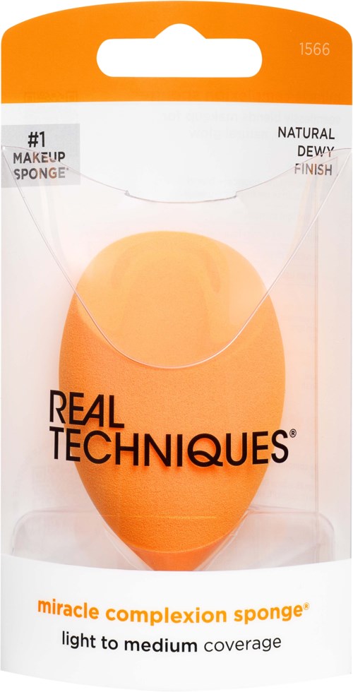 A makeup sponge in orange packaging with black and white text, labeled as a 'miracle complexion sponge' for light to medium coverage.