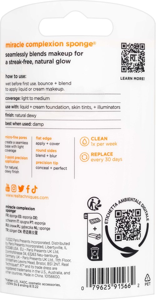 A product package explaining how to use and care for a makeup sponge, with instructions, warnings, and a QR code.