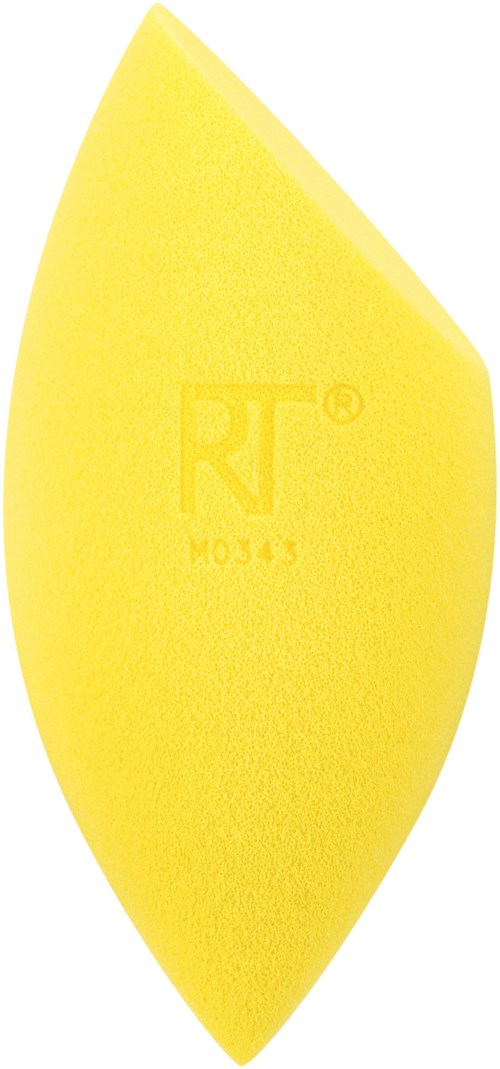 Yellow washing sponge with a curved shape and a logo marked on it.