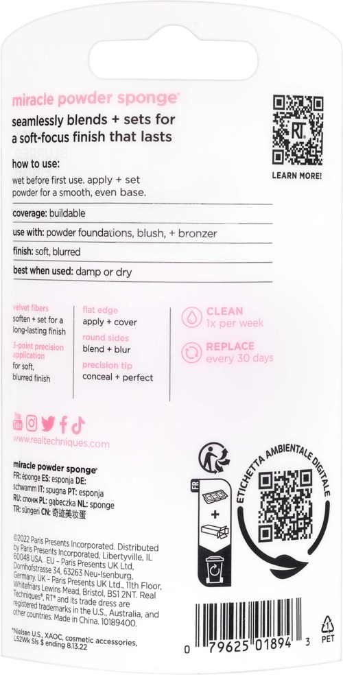 An instruction card for a makeup sponge, showing how to apply, blend, and care for it.