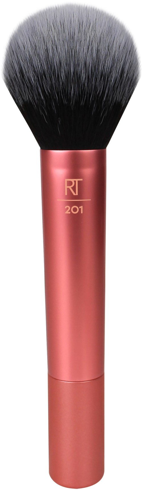 A makeup brush with a pink handle and black fluffy bristles.