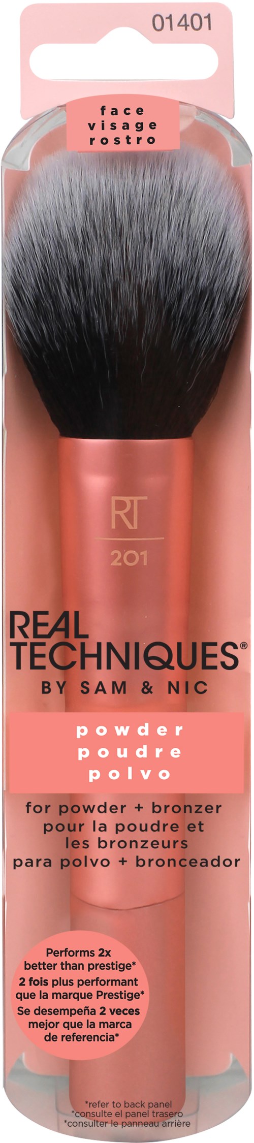 A large makeup brush in pink packaging with black bristles, labeled 'Real Techniques'.