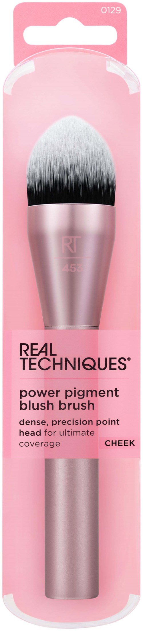Pink blush brush in packaging labeled 'Real Techniques' for cheek color, designed for good coverage.