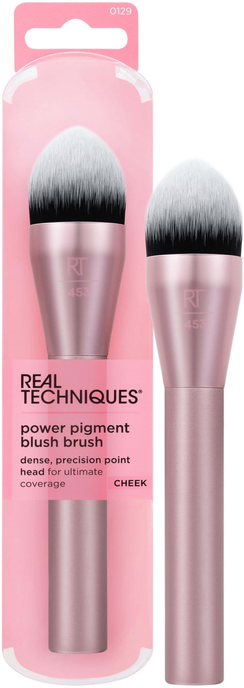 A pink makeup brush with a silver handle and fluffy white and black bristles, shown both in packaging and outside.