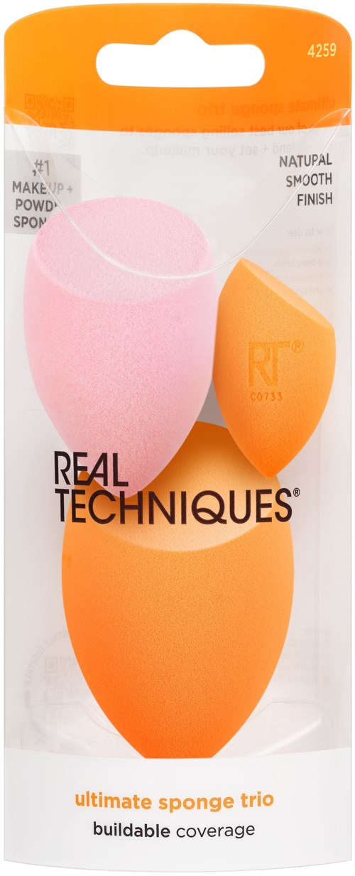 A package contains three makeup sponges in pink, orange, and a darker orange, designed for applying makeup evenly.