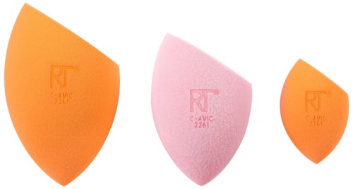 Three makeup sponges in orange, pink, and small orange on a white background.